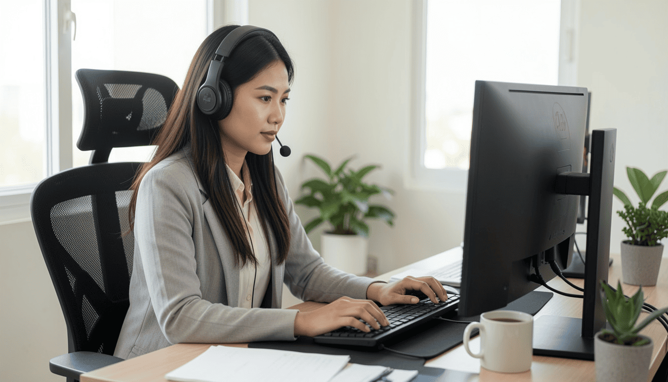 A Filipina customer support agent wearing a headset and typing on her desktop computer at an office desk.