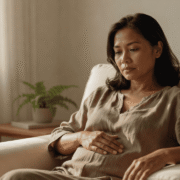 A Filipina woman sits in an armchair, looking down thoughtfully with a hand resting on her stomach.
