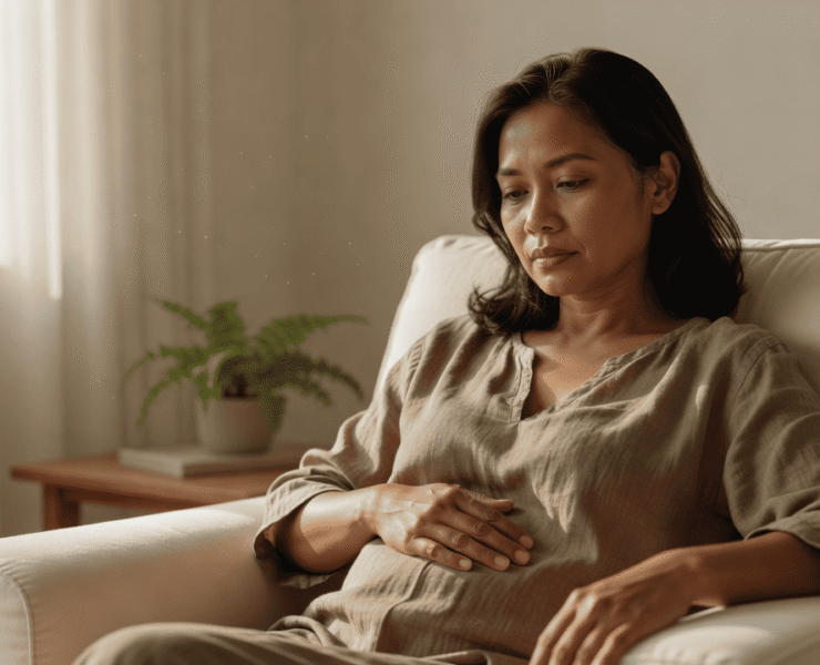 A Filipina woman sits in an armchair, looking down thoughtfully with a hand resting on her stomach.