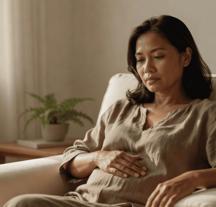 A Filipina woman sits in an armchair, looking down thoughtfully with a hand resting on her stomach.