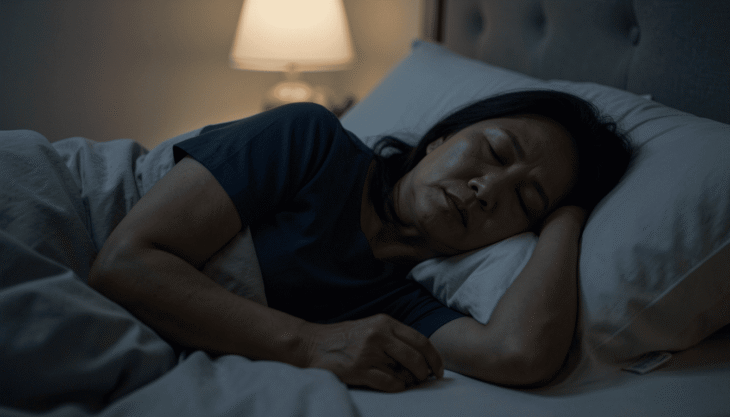 A Filipina woman sleeps peacefully in bed under gray blankets, with a warm bedside lamp glowing in the background.