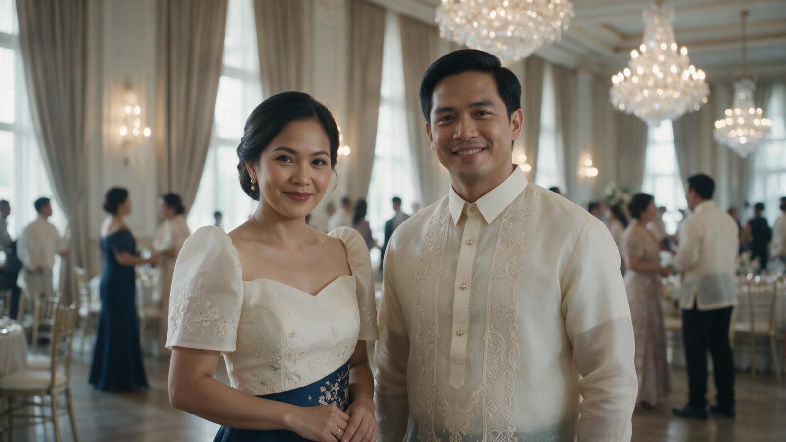 A smiling Filipino couple wearing formal attire—a Barong Tagalog and a Filipiniana gown—in an elegant ballroom.