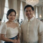 A smiling Filipino couple wearing formal attire—a Barong Tagalog and a Filipiniana gown—in an elegant ballroom.