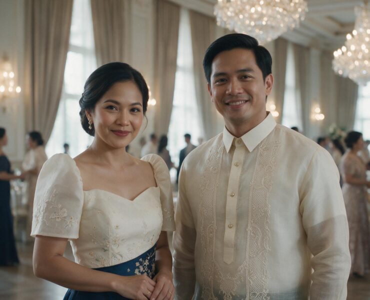 A smiling Filipino couple wearing formal attire—a Barong Tagalog and a Filipiniana gown—in an elegant ballroom.