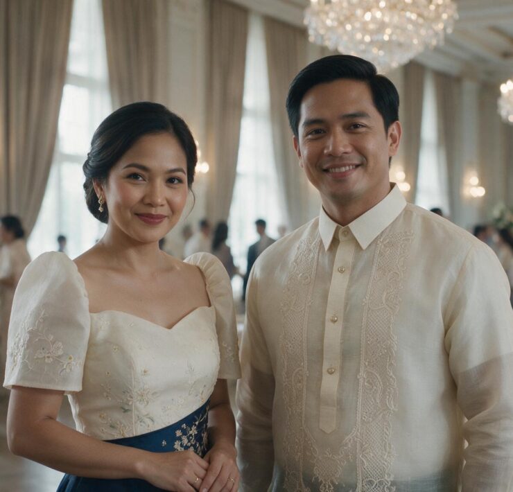 A smiling Filipino couple wearing formal attire—a Barong Tagalog and a Filipiniana gown—in an elegant ballroom.