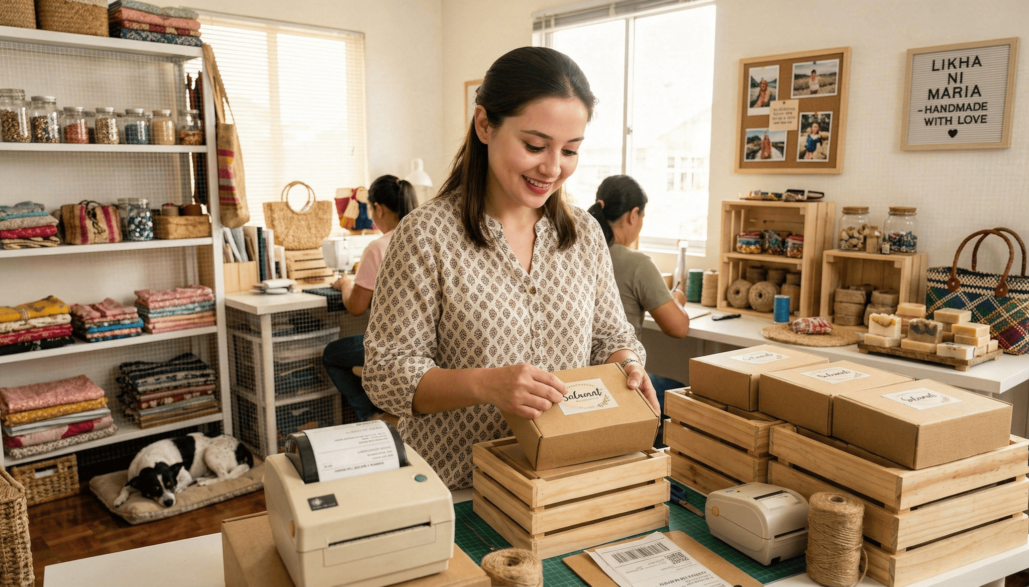 A small business owner applying labels to cardboard packages in a bright, organized craft workshop