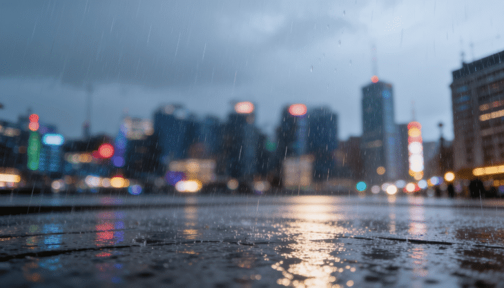 Rain falling on a wet city street, reflecting colorful, blurry skyline lights from high-rise buildings in the background.