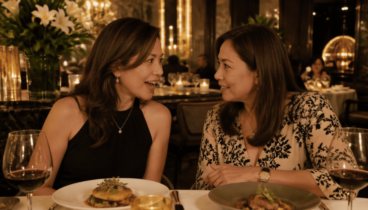 Two women chat and smile while dining at a warmly lit upscale restaurant with wine glasses and food on the table.
