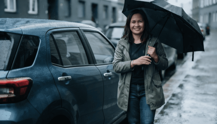 A smiling woman holding a black umbrella stands next to a blue car on a wet city street on a rainy day.