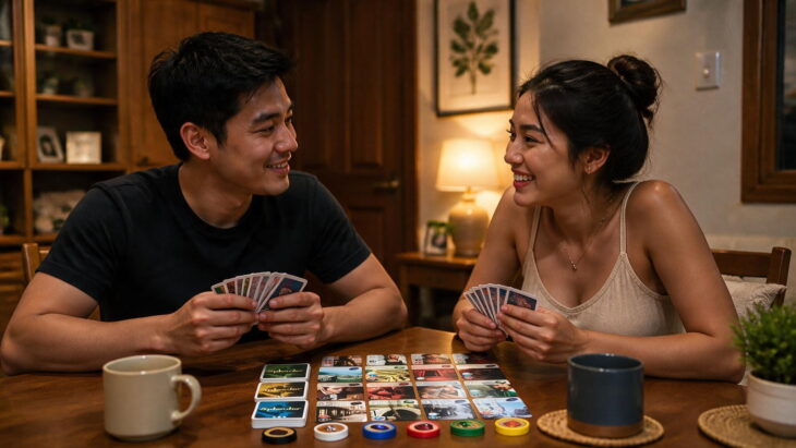 Smiling couple holding cards and playing the Splendor board game at a cozy table.