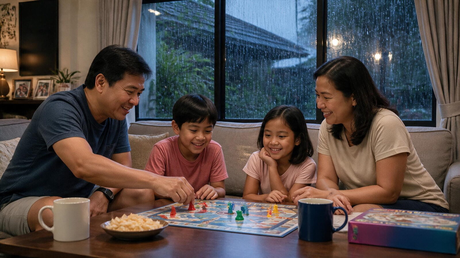 Family with two kids smiling while playing a colorful board game indoors on a rainy day.