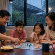 Family with two kids smiling while playing a colorful board game indoors on a rainy day.
