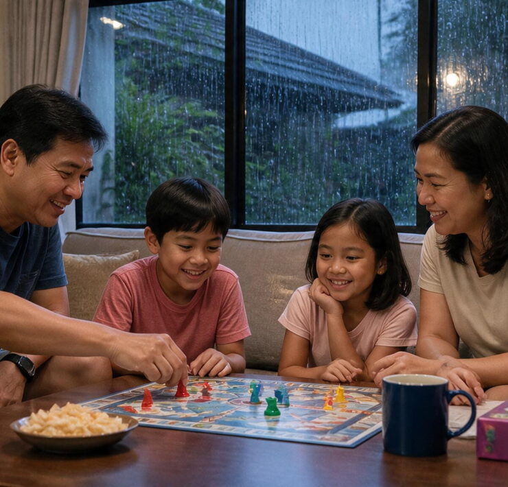 Family with two kids smiling while playing a colorful board game indoors on a rainy day.
