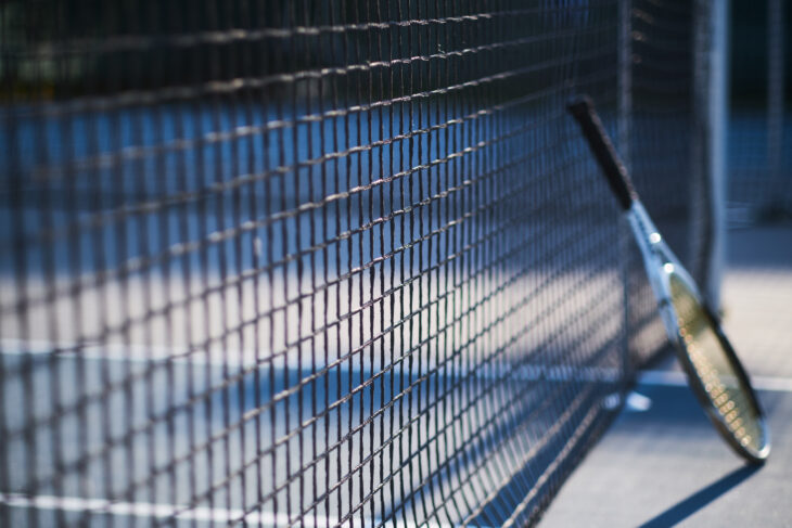 Tennis racket leaning against a net on a sunny day