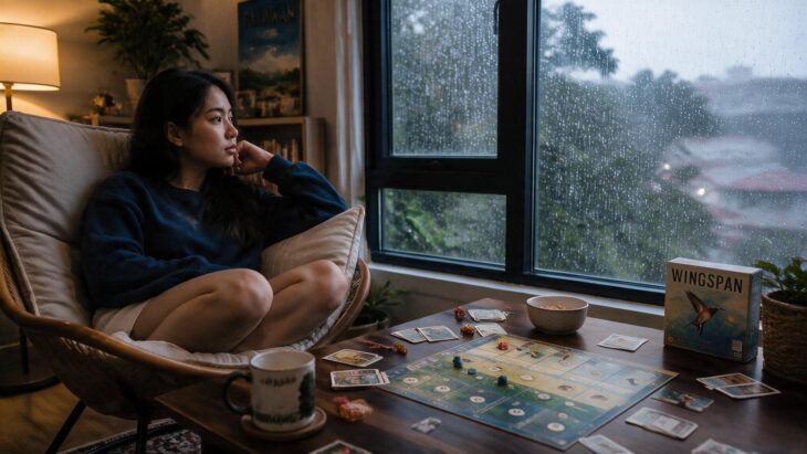 Young woman relaxing in a cozy armchair next to a rainy window with a Wingspan game set up.