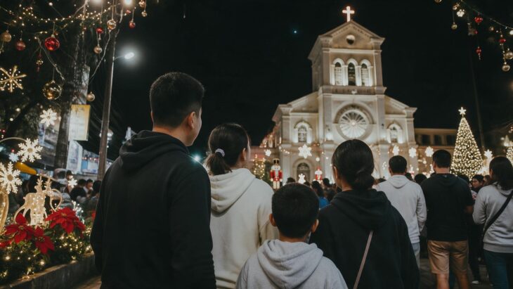 A crowd gathered outside an illuminated church decorated with festive holiday lights at night.